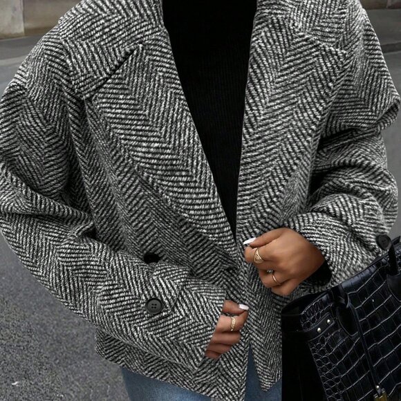 Grey Lapel Herringbone Women's Long Sleeve Straight-Leg Loose Coat - Picture 1 of 5